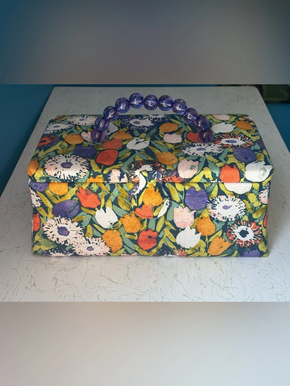 Vintage Floral Tulip Beaded Handle Sewing Box Purse